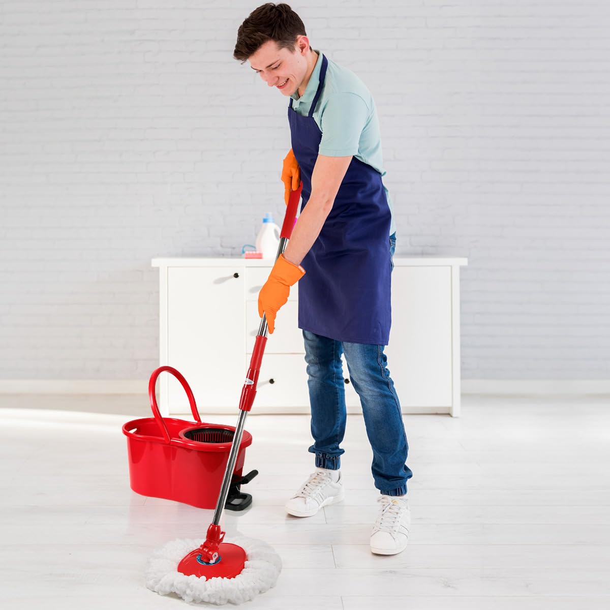 Pedal Spin Mop and 7LT Bucket Floor Cleaning System with 3 Extra Microfiber Mop Replacement Refills - Labor-Saving Foot Pressure Spin Mop with Adjustable Stainless Steel Handle for Floor Cleaning