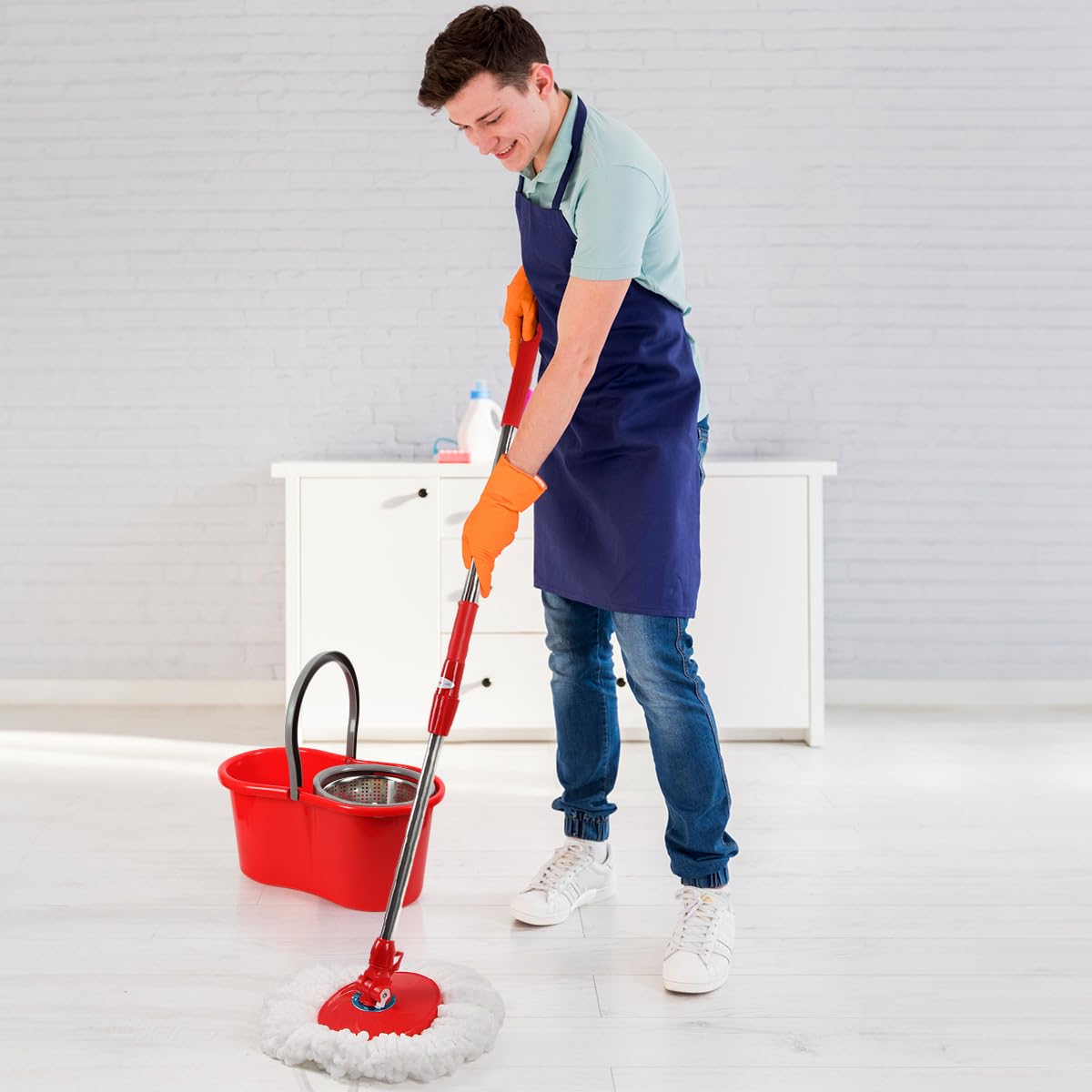 Spin Mop and Bucket with Wringer Set, 360° Spinning Mop and Bucket System with Double Cotton Tip Replacement Heads and Stainless Steel Adjustable Handle for Floor Cleaning