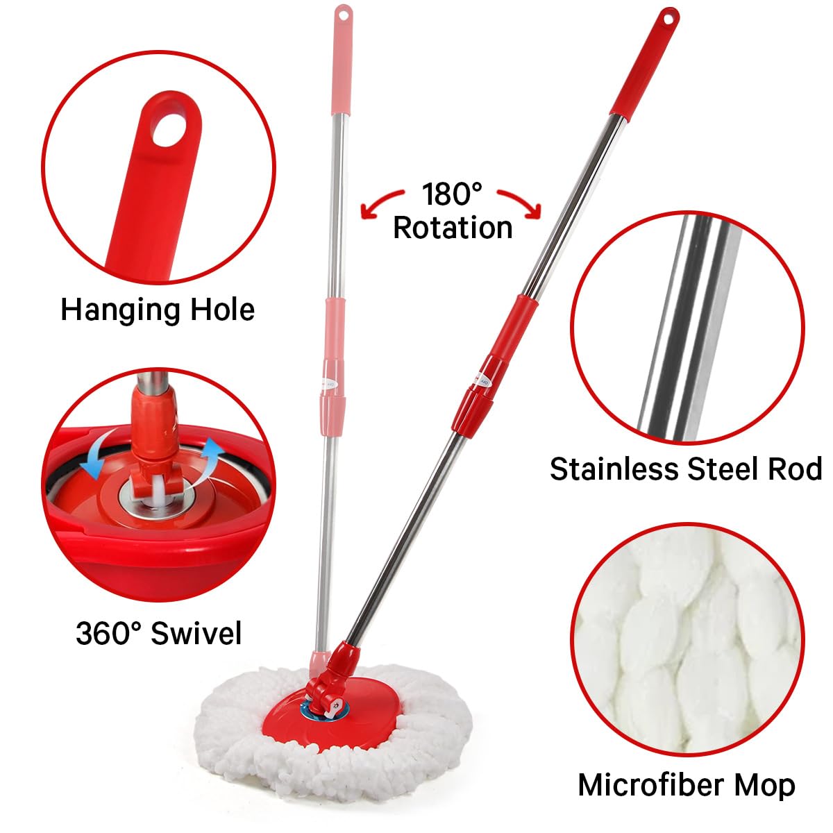 Pedal Spin Mop and 7LT Bucket Floor Cleaning System with 3 Extra Microfiber Mop Replacement Refills - Labor-Saving Foot Pressure Spin Mop with Adjustable Stainless Steel Handle for Floor Cleaning