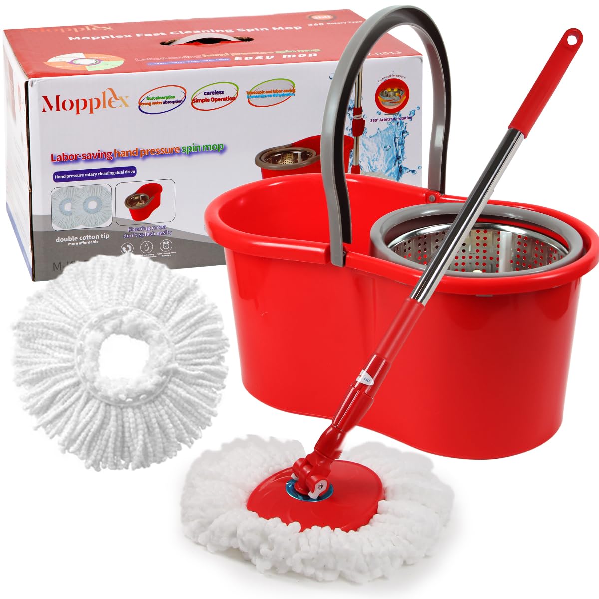 Spin Mop and Bucket with Wringer Set, 360° Spinning Mop and Bucket System with Double Cotton Tip Replacement Heads and Stainless Steel Adjustable Handle for Floor Cleaning