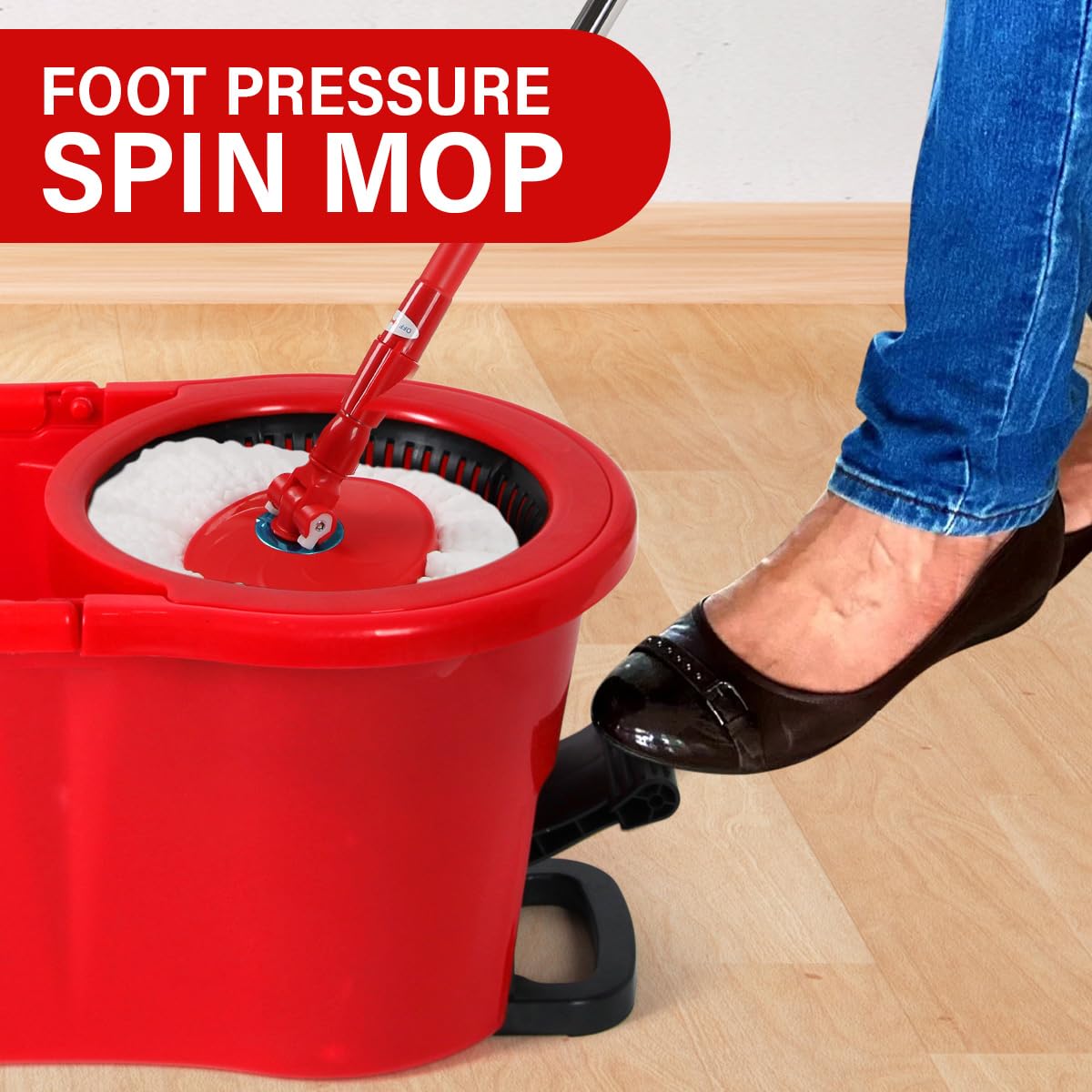 Pedal Spin Mop and 7LT Bucket Floor Cleaning System with 3 Extra Microfiber Mop Replacement Refills - Labor-Saving Foot Pressure Spin Mop with Adjustable Stainless Steel Handle for Floor Cleaning