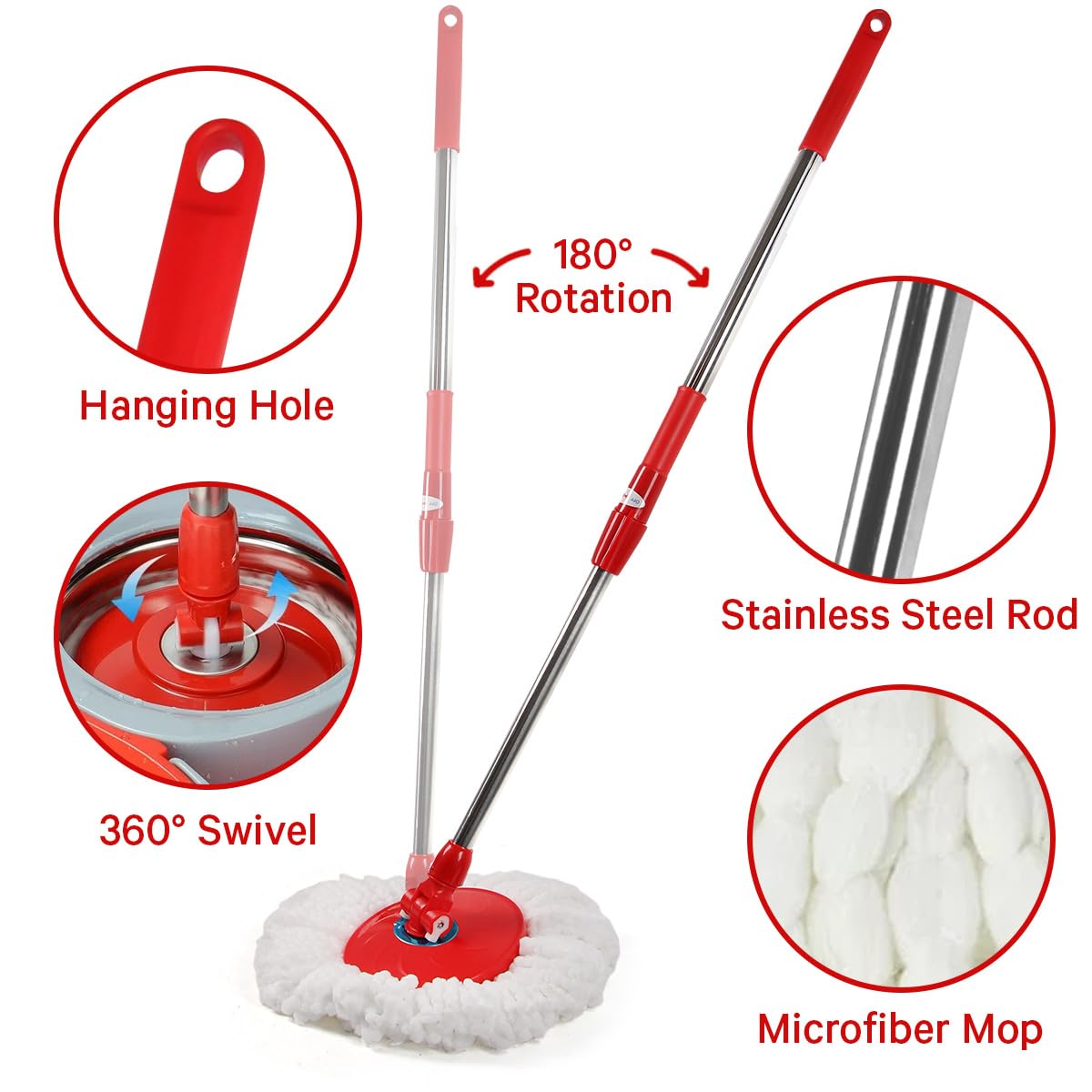 Spin Mop and Bucket with Wringer Set, 360° Spinning Mop and Bucket System with Double Cotton Tip Replacement Heads and Stainless Steel Adjustable Handle for Floor Cleaning