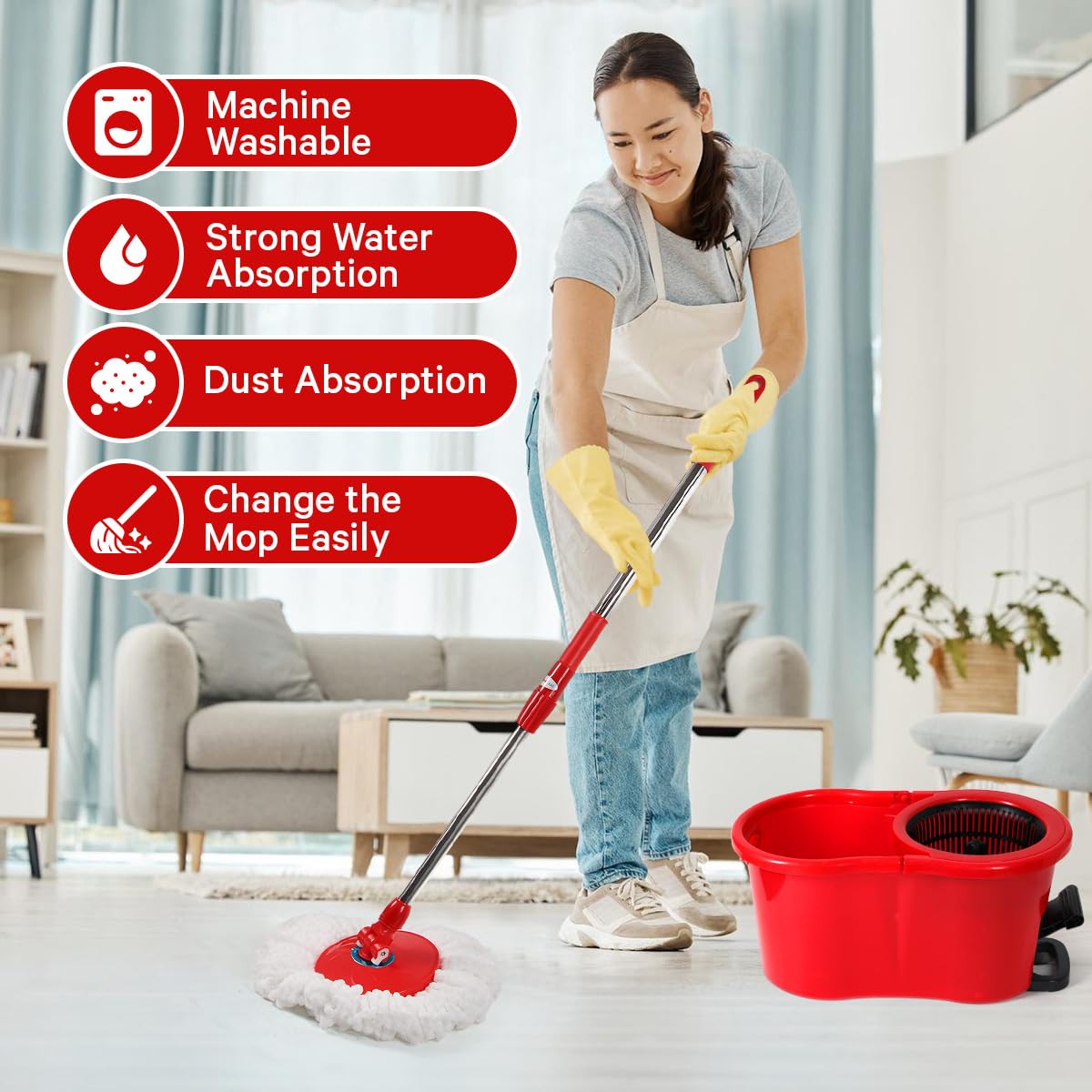 Pedal Spin Mop and 7LT Bucket Floor Cleaning System with 3 Extra Microfiber Mop Replacement Refills - Labor-Saving Foot Pressure Spin Mop with Adjustable Stainless Steel Handle for Floor Cleaning