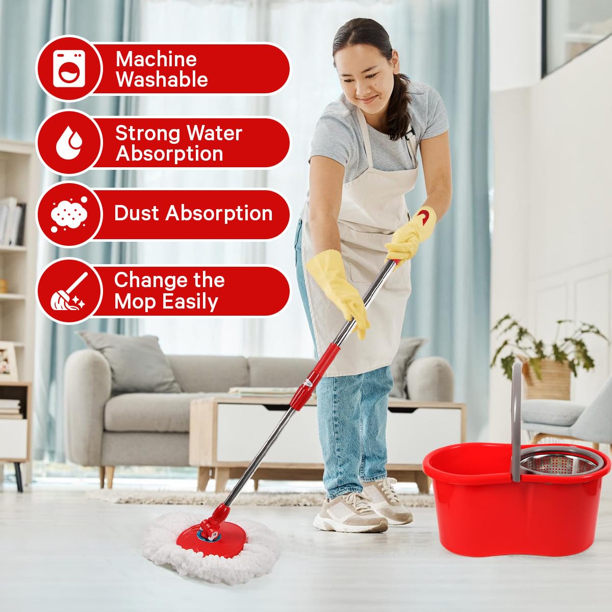 Spin Mop and Bucket with Wringer Set, 360° Spinning Mop and Bucket System with Double Cotton Tip Replacement Heads and Stainless Steel Adjustable Handle for Floor Cleaning